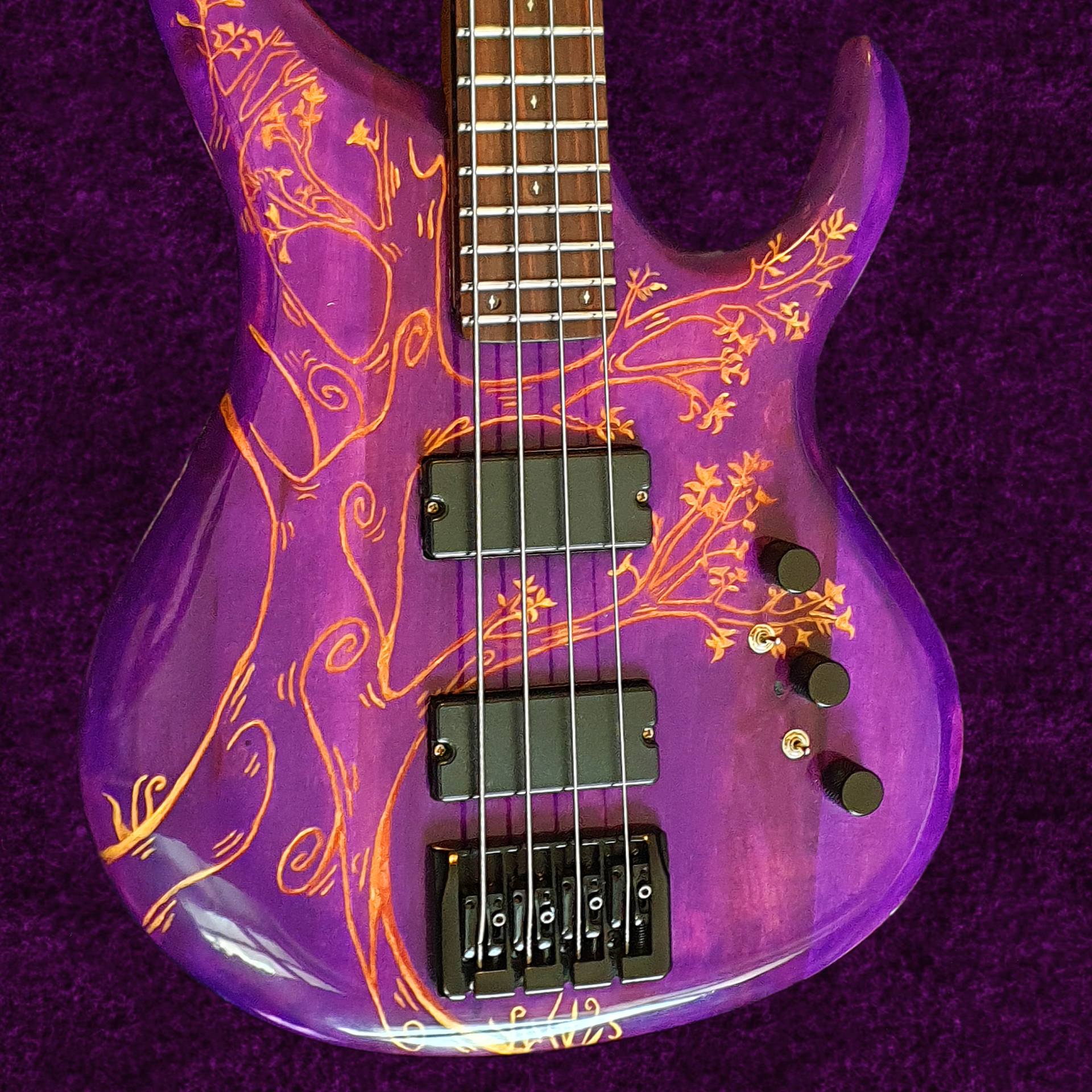 Yggdrasil 4 String Bass, with dual switchable humbuckers, post control pre-amp and RGB fret marker lighting
